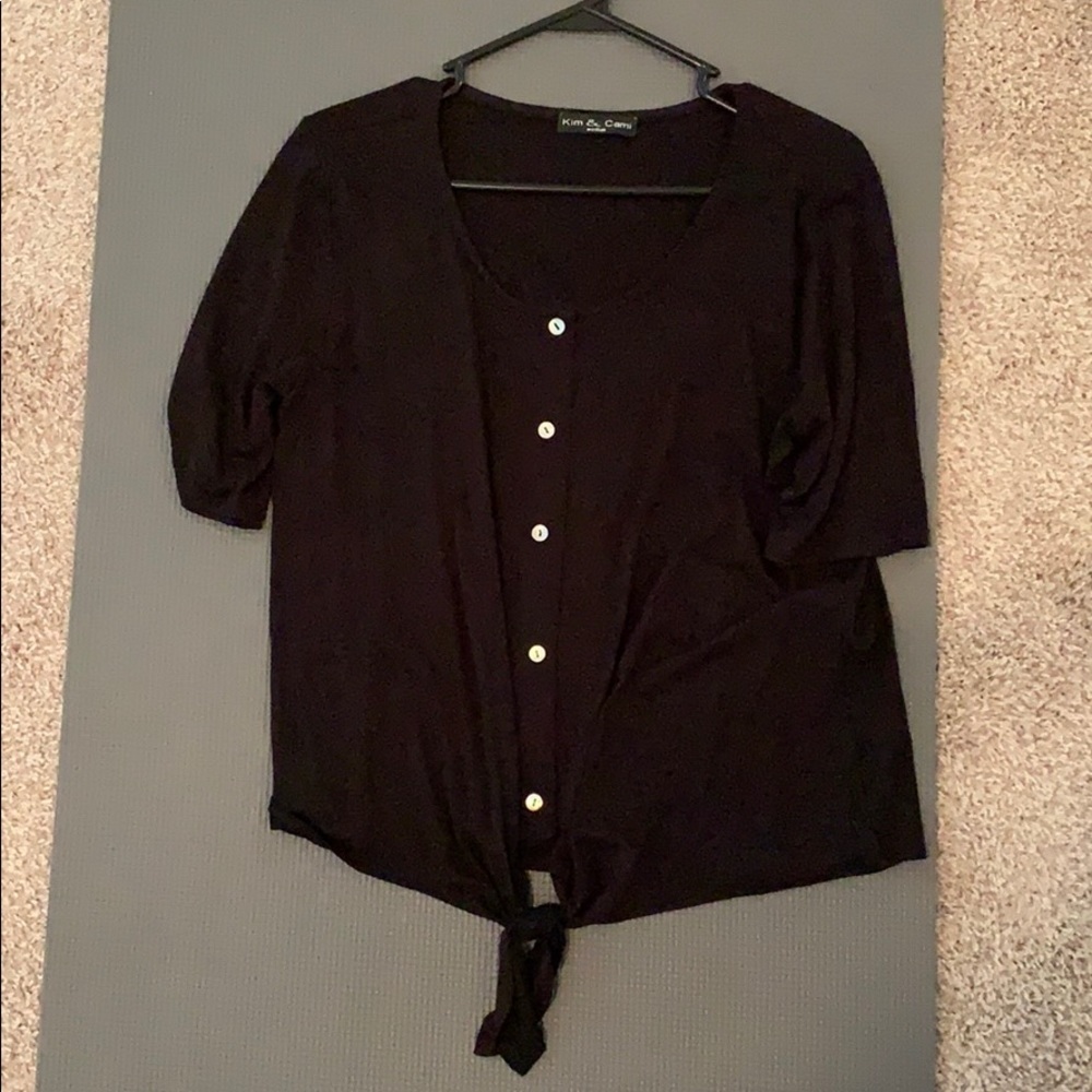 black top with tie front and pearl buttons